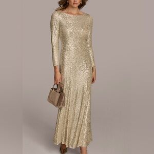 NWT Donna Karan New York Champagne Sequin Gown Long Sleeve Formal Maxi SZ 12